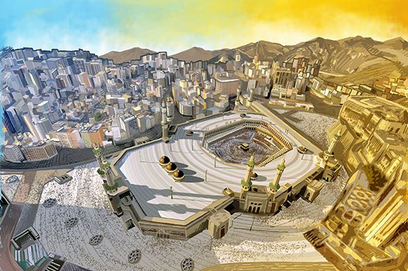 illustration of the kaabah and the sacred mosque in makkah.